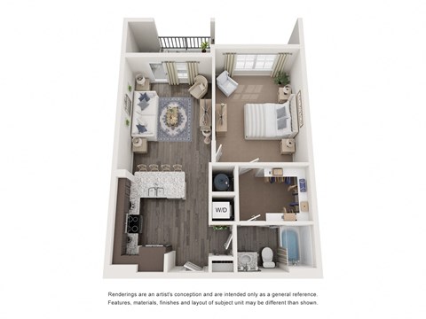 Floor plan for 1 bed, 1 bath, 747 sqft